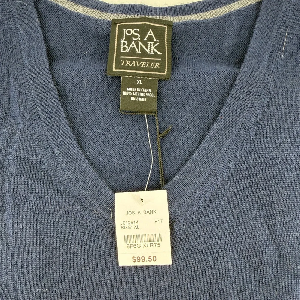 Jos A Bank Traveler Mens XL Navy Blue‎ 100% Merino Wool V-Neck Sweater Vest